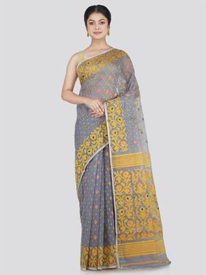 Pinkloom Women'S Grey Hand_Woven Cotton Jamdani Saree Without Blouse 1