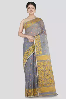 Pinkloom Women'S Grey Hand_Woven Cotton Jamdani Saree Without Blouse