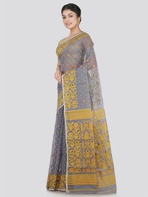 Pinkloom Women'S Grey Hand_Woven Cotton Jamdani Saree Without Blouse 2