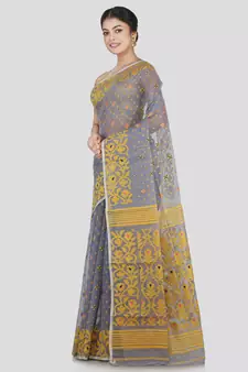Pinkloom Women'S Grey Hand_Woven Cotton Jamdani Saree Without Blouse