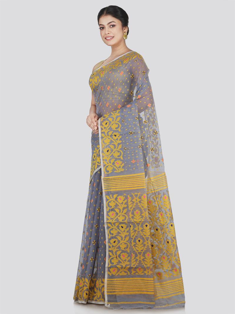 Pinkloom Women'S Grey Hand_Woven Cotton Jamdani Saree Without Blouse
