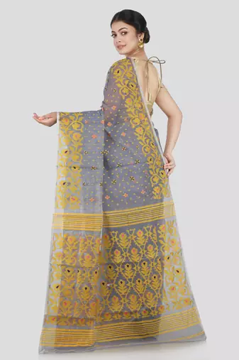Pinkloom Women'S Grey Hand_Woven Cotton Jamdani Saree Without Blouse