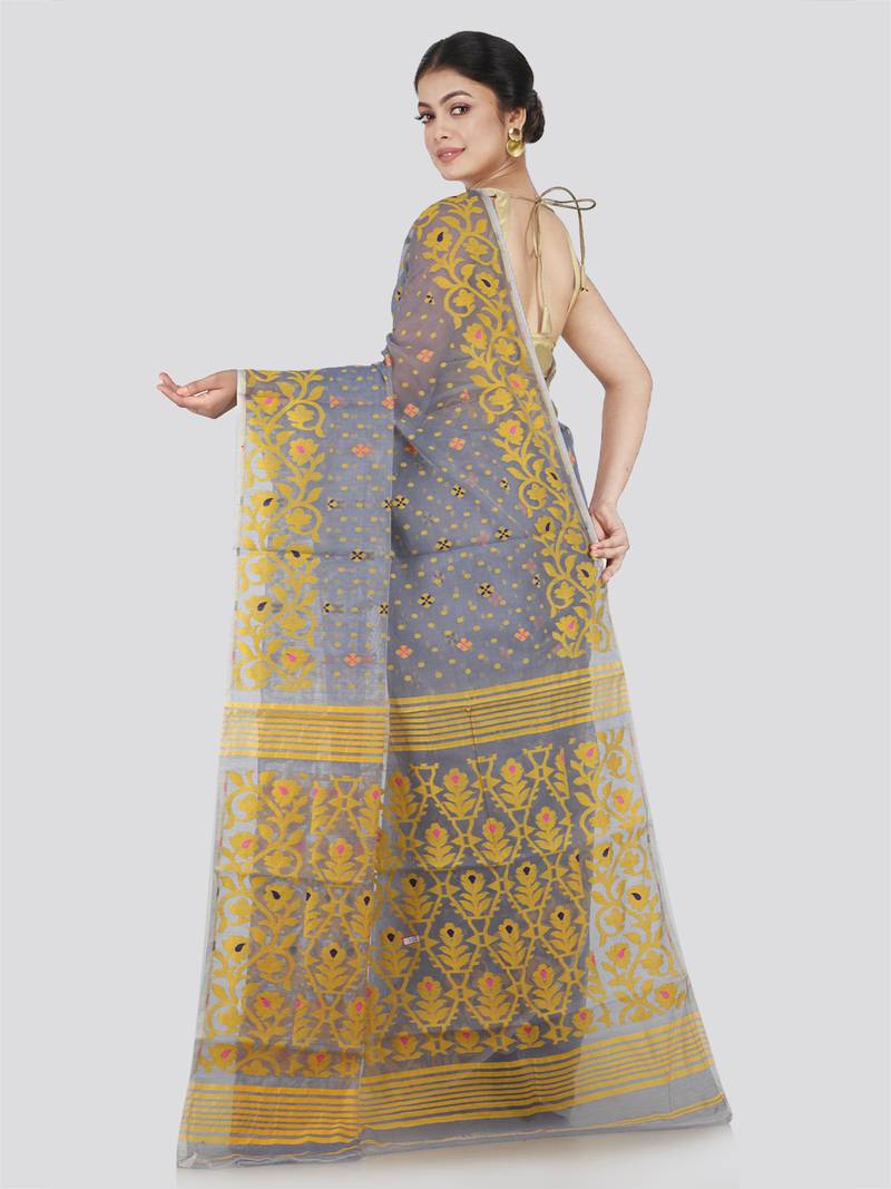Pinkloom Women'S Grey Hand_Woven Cotton Jamdani Saree Without Blouse