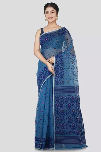 Pinkloom Women'S Blue Hand_Woven Cotton Jamdani Saree Without Blouse