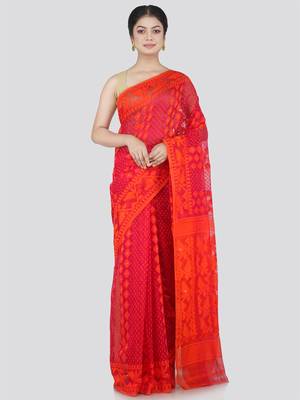 Pinkloom Women'S Red Hand_Woven Cotton Jamdani Saree Without Blouse 1