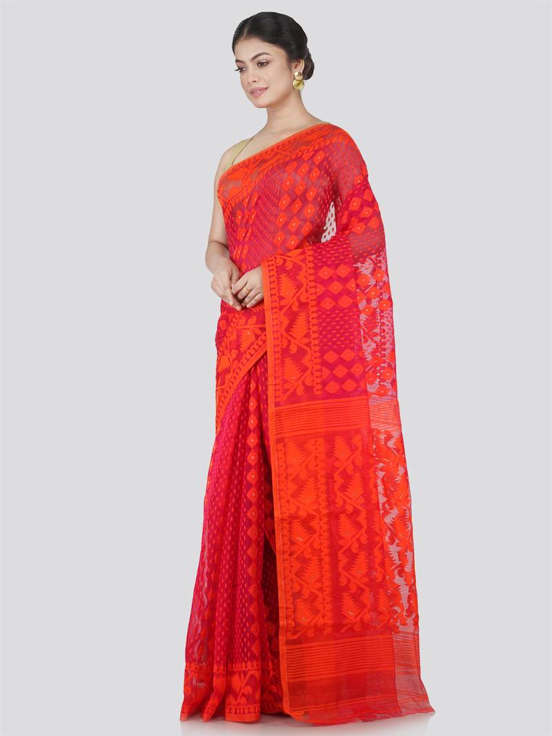 Pinkloom Women'S Red Hand_Woven Cotton Jamdani Saree Without Blouse