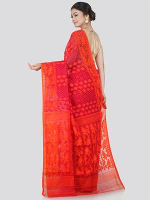 Pinkloom Women'S Red Hand_Woven Cotton Jamdani Saree Without Blouse 3