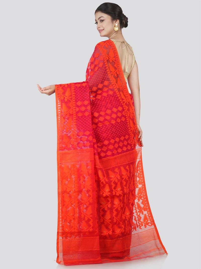 Pinkloom Women'S Red Hand_Woven Cotton Jamdani Saree Without Blouse