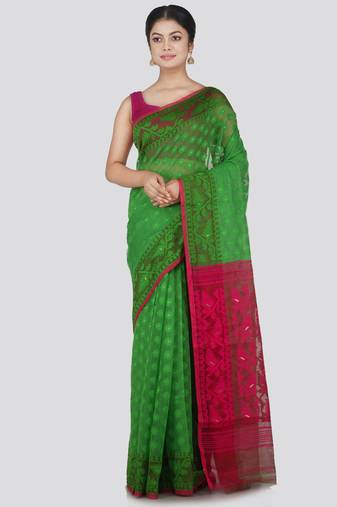 Pinkloom Women'S Green Hand_Woven Cotton Jamdani Saree Without Blouse