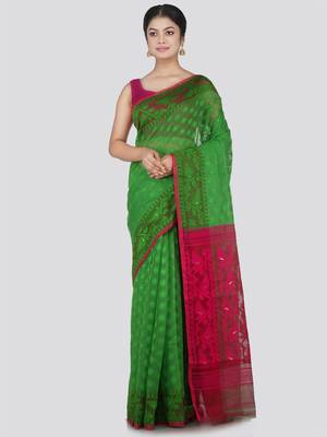 Pinkloom Women'S Green Hand_Woven Cotton Jamdani Saree Without Blouse 1