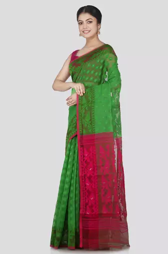 Pinkloom Women'S Green Hand_Woven Cotton Jamdani Saree Without Blouse