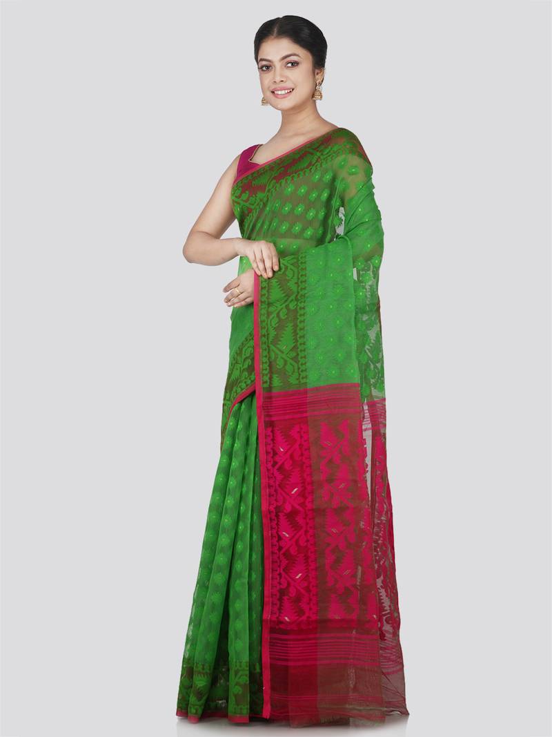 Pinkloom Women'S Green Hand_Woven Cotton Jamdani Saree Without Blouse