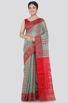 Pinkloom Women'S Multi-Color Hand_Woven Cotton Jamdani Saree Without Blouse