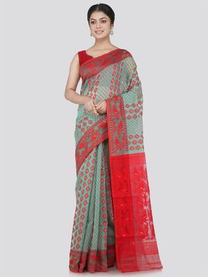 Pinkloom Women'S Multi-Color Hand_Woven Cotton Jamdani Saree Without Blouse 1