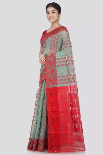 Pinkloom Women'S Multi-Color Hand_Woven Cotton Jamdani Saree Without Blouse