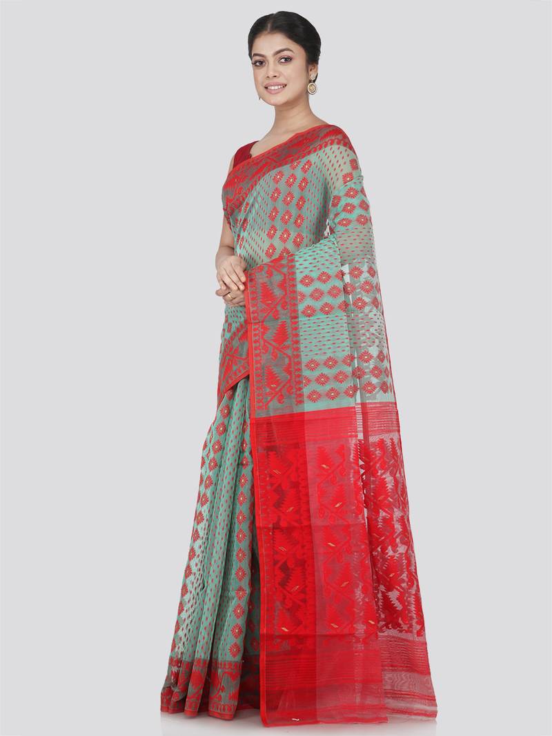 Pinkloom Women'S Multi-Color Hand_Woven Cotton Jamdani Saree Without Blouse