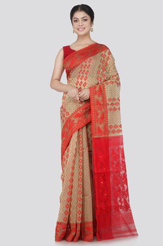 Pinkloom Women'S Green Hand_Woven Cotton Jamdani Saree Without Blouse