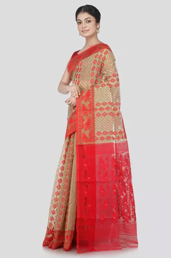 Pinkloom Women'S Green Hand_Woven Cotton Jamdani Saree Without Blouse