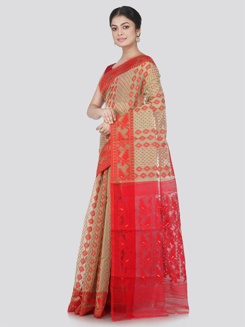 Pinkloom Women'S Green Hand_Woven Cotton Jamdani Saree Without Blouse