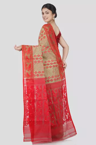 Pinkloom Women'S Green Hand_Woven Cotton Jamdani Saree Without Blouse