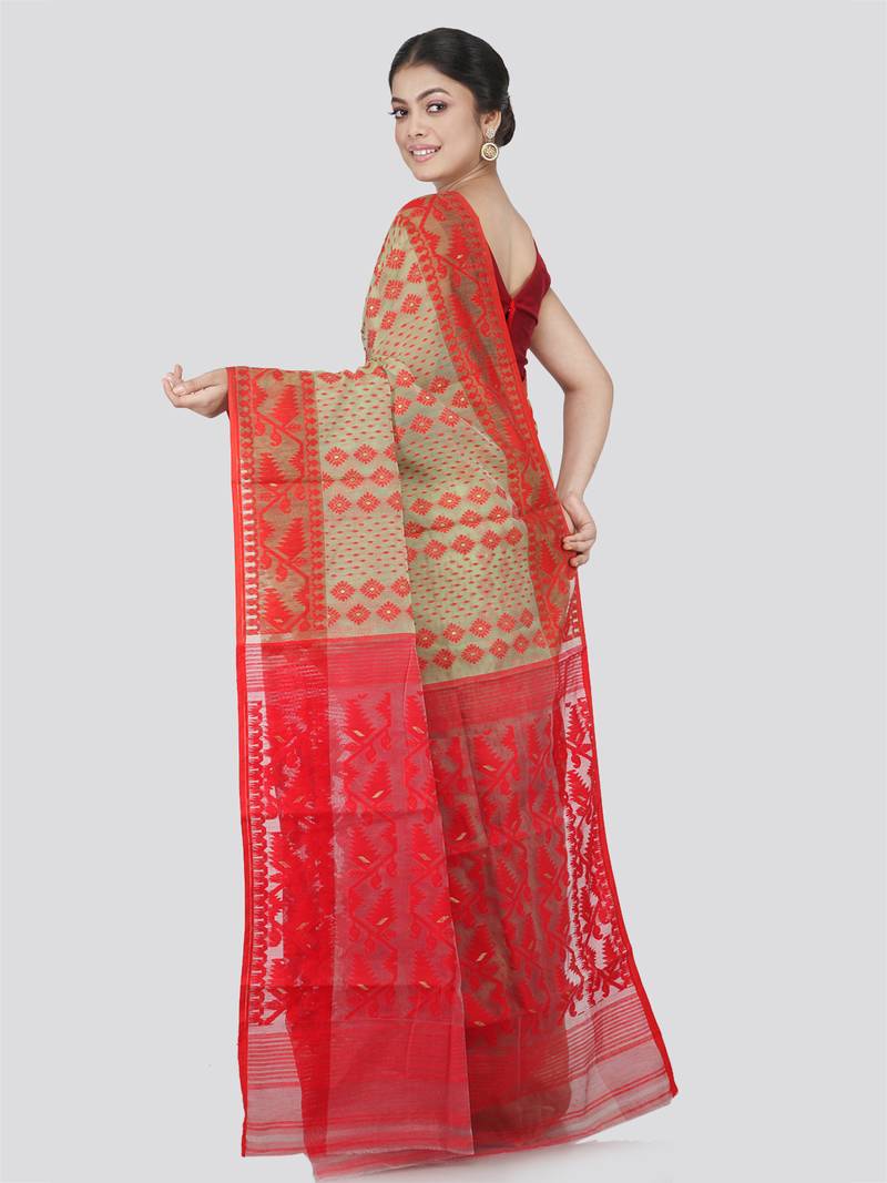 Pinkloom Women'S Green Hand_Woven Cotton Jamdani Saree Without Blouse