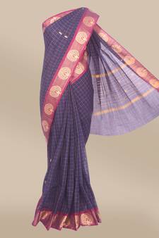 Classicate From The House The Chennai Silks Navy Blue Chettinad Pure Cotton Saree Without Blouse