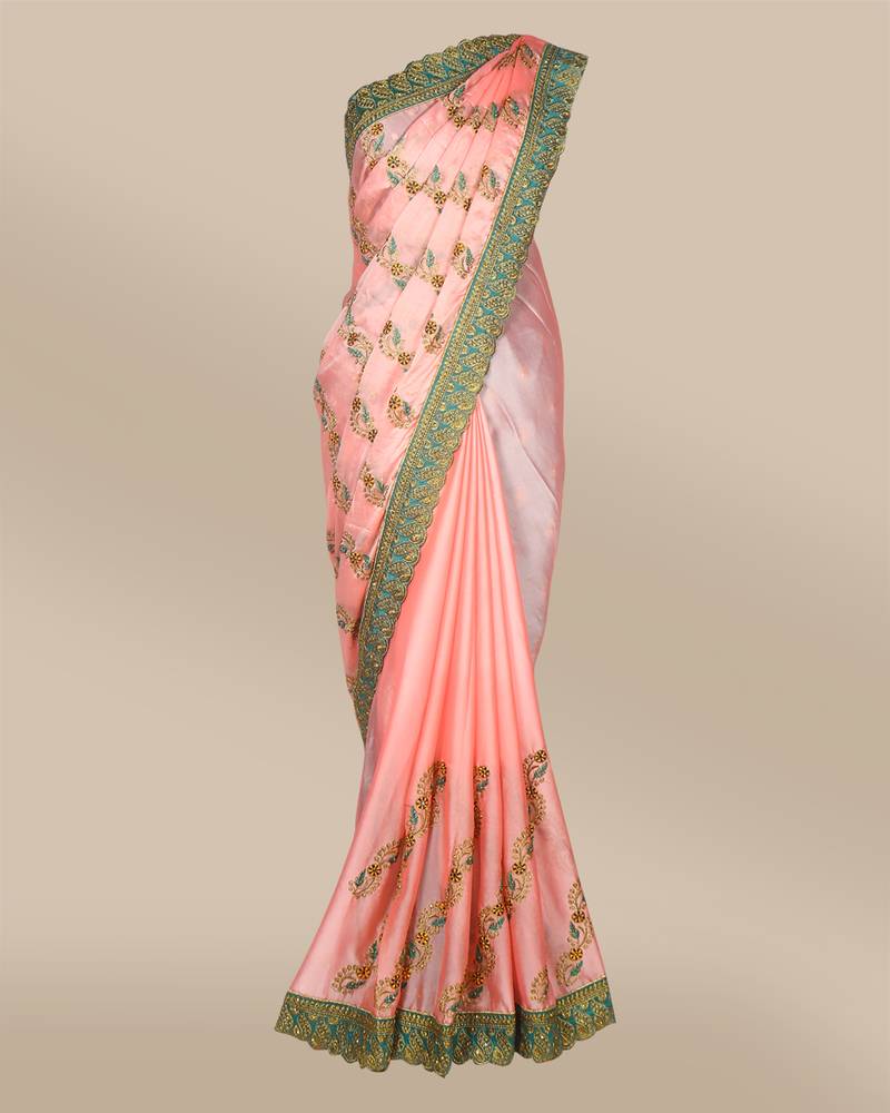 CLASICATE from the house of The Chennai Silks Pink Green Poly Chiffon Saree With Running Blouse