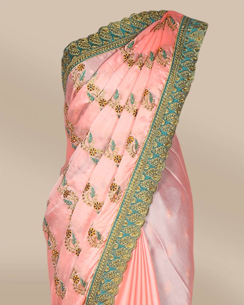 CLASICATE from the house of The Chennai Silks Pink Green Poly Chiffon Saree With Running Blouse
