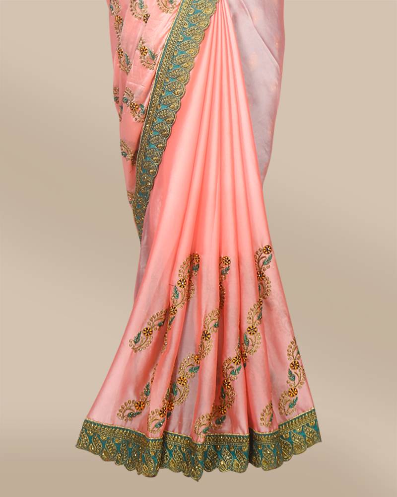 CLASICATE from the house of The Chennai Silks Pink Green Poly Chiffon Saree With Running Blouse