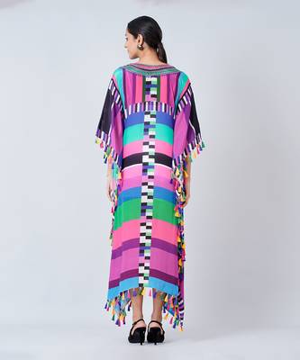 Purple And Green Geometric Mid Length Kaftan With Lace 5