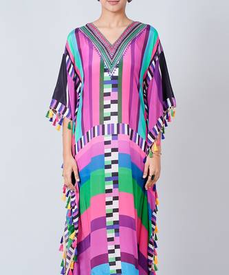 Purple And Green Geometric Mid Length Kaftan With Lace 6