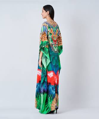 Green And Blue Tribal Embellished Silk Full Length Kaftan 5