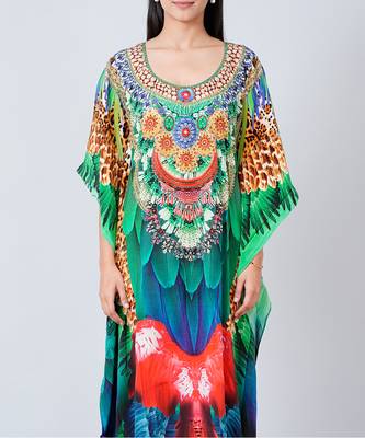 Green And Blue Tribal Embellished Silk Full Length Kaftan 6