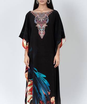Black And Blue Splash Print Embellished Silk Full Length Kaftan 5