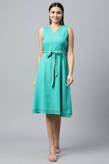 Teal printed cotton long-dresses