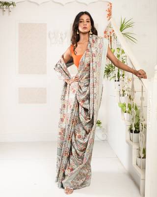 Grey Floral Print Modal Silk  1