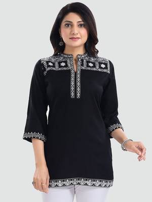 Black embroidered rayon short-kurtis 1
