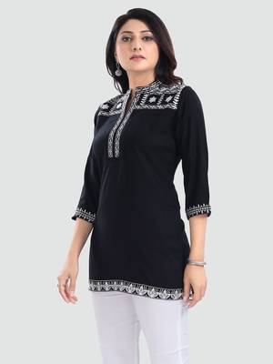 Black embroidered rayon short-kurtis 2