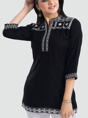 Black embroidered rayon short-kurtis 4