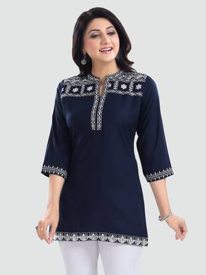 Navy-blue embroidered rayon short-kurtis 1
