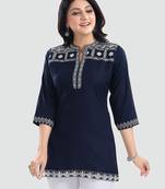 Navy-blue embroidered rayon short-kurtis