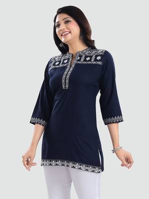 Navy-blue embroidered rayon short-kurtis 2
