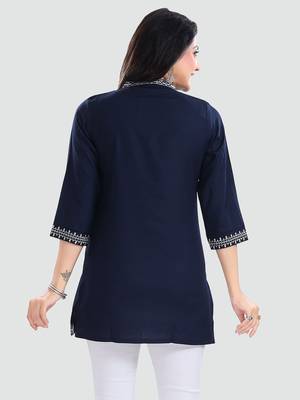 Navy-blue embroidered rayon short-kurtis 3