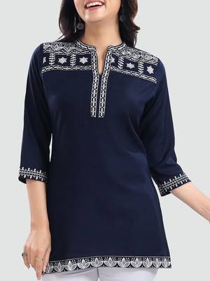 Navy-blue embroidered rayon short-kurtis 4