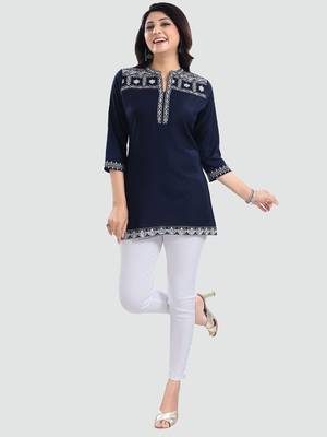 Navy-blue embroidered rayon short-kurtis 5
