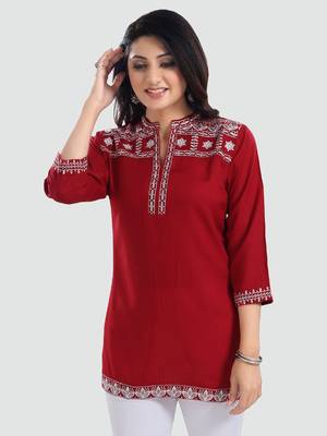 Red embroidered rayon short-kurtis 1