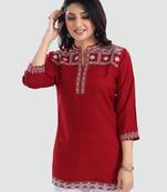 Red embroidered rayon short-kurtis