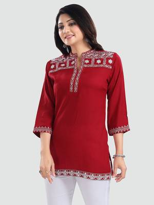 Red embroidered rayon short-kurtis 2