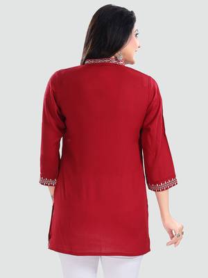 Red embroidered rayon short-kurtis 3