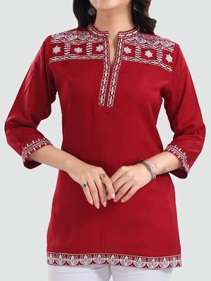 Red embroidered rayon short-kurtis 4